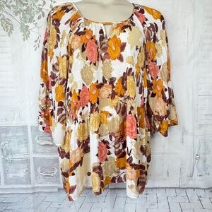 Avenue Womens Orange Brown Floral Shirred 3/4 SLVS Chiffon Top Blouse Plus 22 24